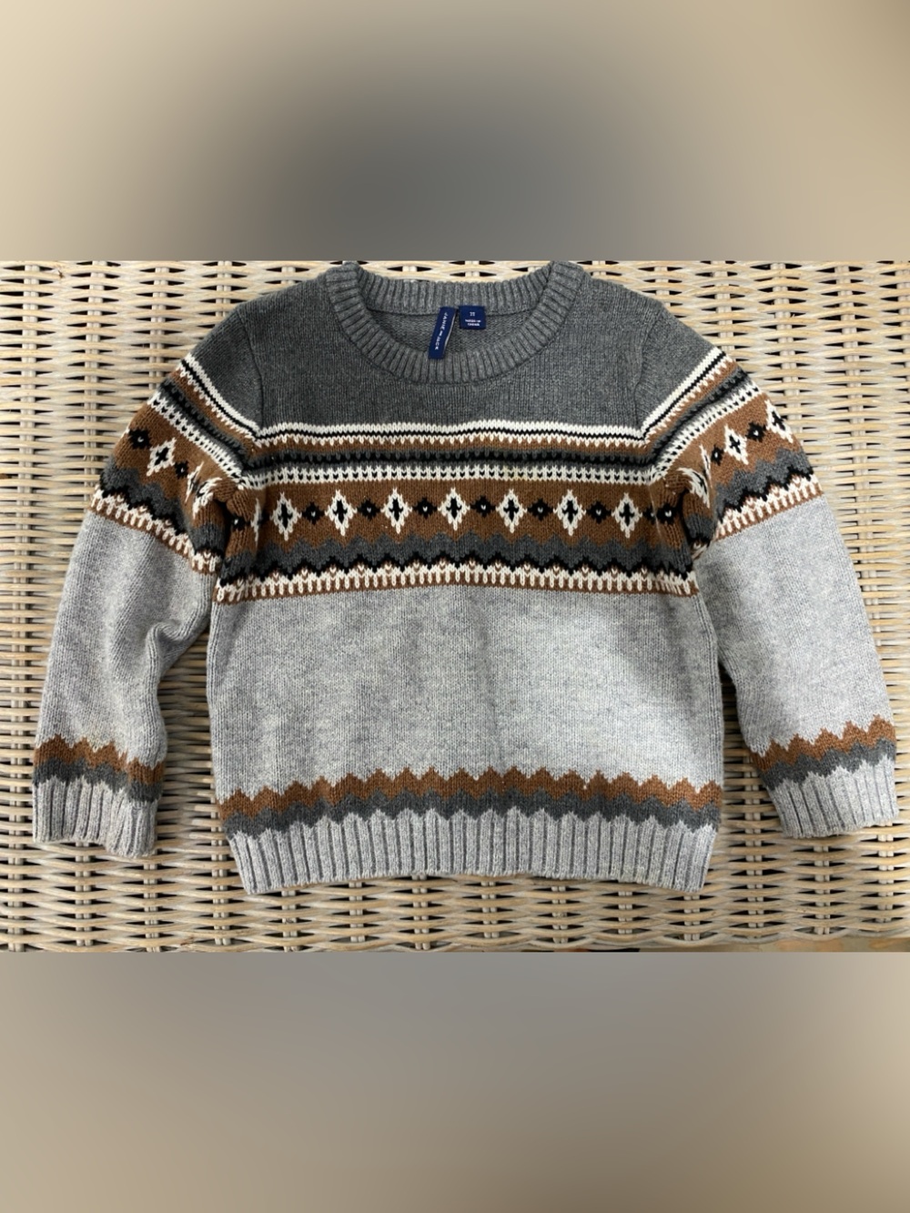 Janie and Jack Boys Classic Grey Fair Isle Crewneck Sweater Brown Black Ivory